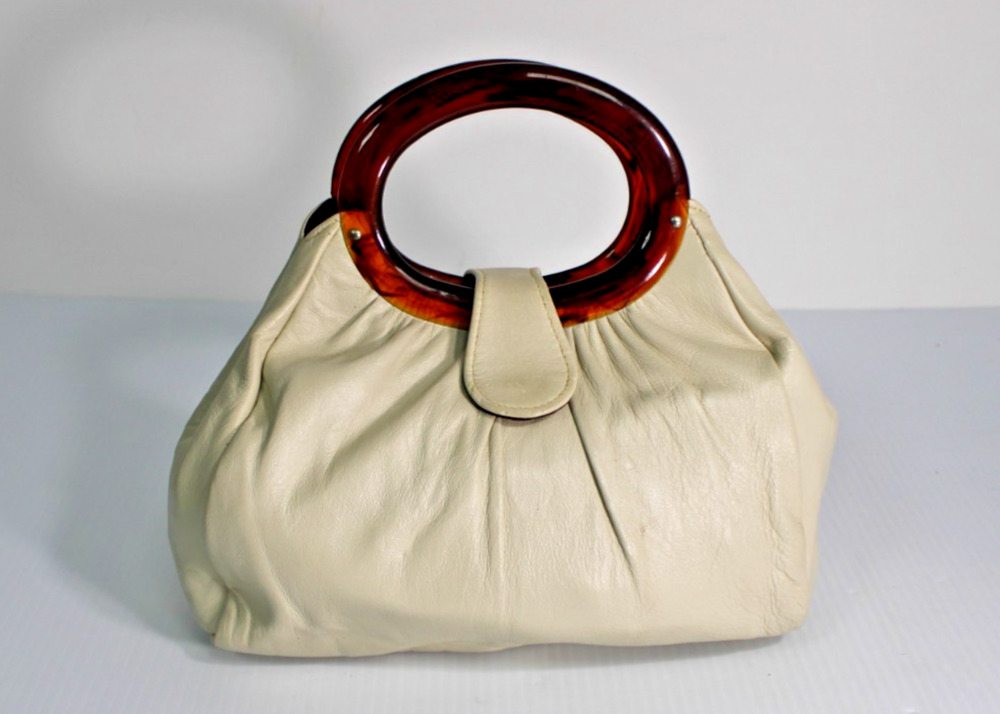 Vintage Andé Cream Slouchy Genuine Leather Handbag Lucite Tortoiseshell Handles